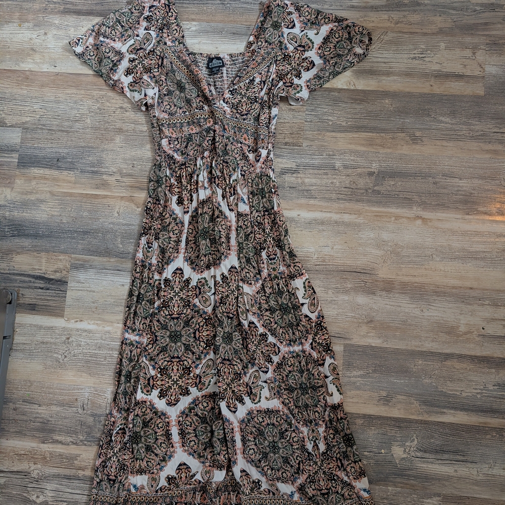 Angie Boho Maxi Dress in Pink and Green Medallion Print, Peek-a-boo In Front Tie